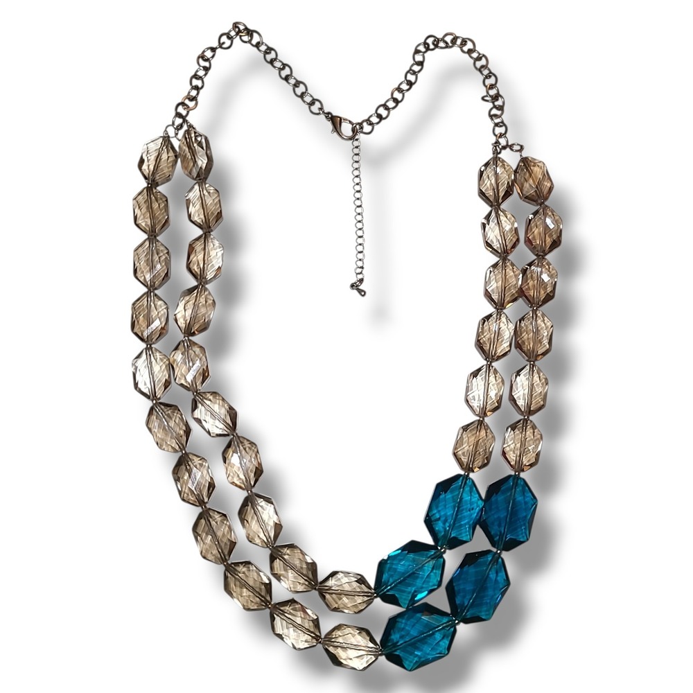 Blue Gray Crystal Bead 2 Strand Necklace Faceted Chunky Statement 24"